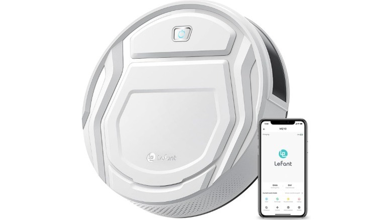 White Lefant M210 robot vacuum and smartphone app on white background