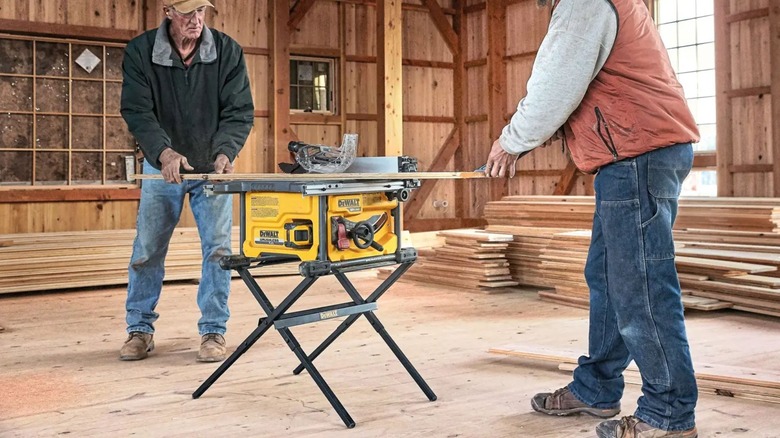 Two men working with DeWalt DCS7485B Table Saw Kit
