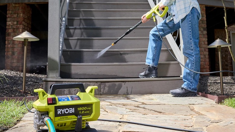 washing stairs with Ryobi pressure washer