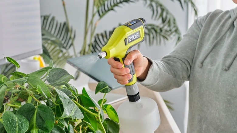 Person using Ryobi compact chemical sprayer