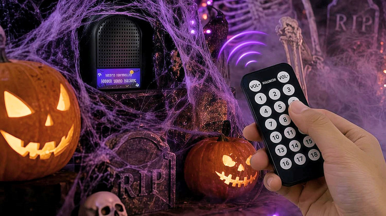 The Aibitu Remote-Controlled Horror Sound Machine hidden in a Halloween display.