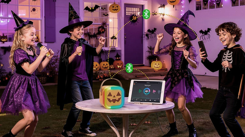 Kids dressed up for Halloween while dancing and singing woth the Iroo Mini Karaoke Machine (Pumpkin Edition).