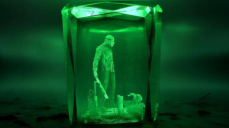 Jason Vorhees menacingly engraved in the Pocoser Horror 3D Crystal Lamp.