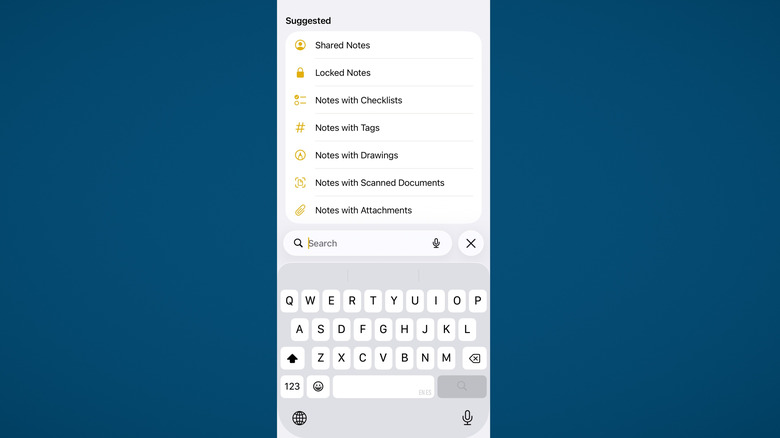 Searching for notes in Apple Notes on iPhone, blue background