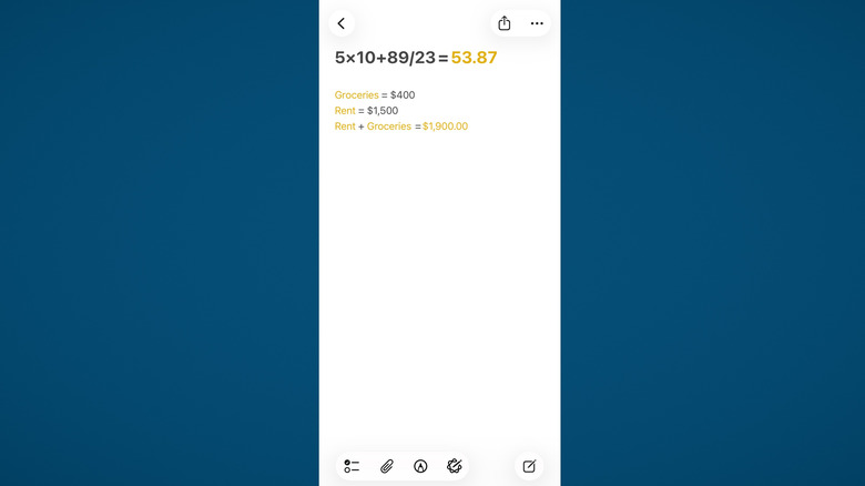 Doing math in Apple Notes on iPhone, blue background