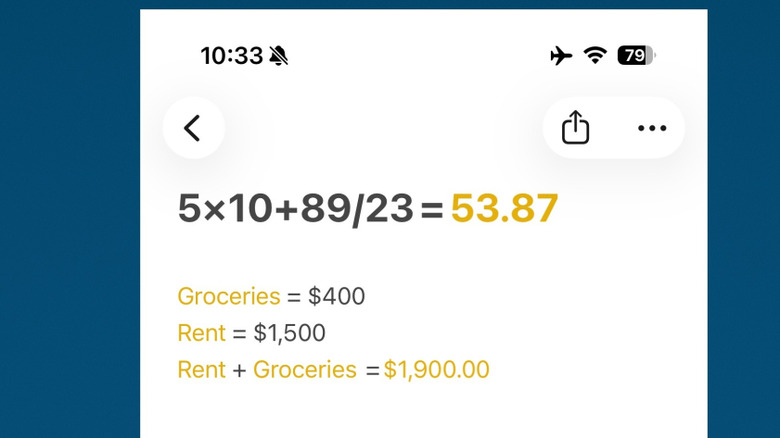 Doing math in Apple Notes on iPhone, blue background
