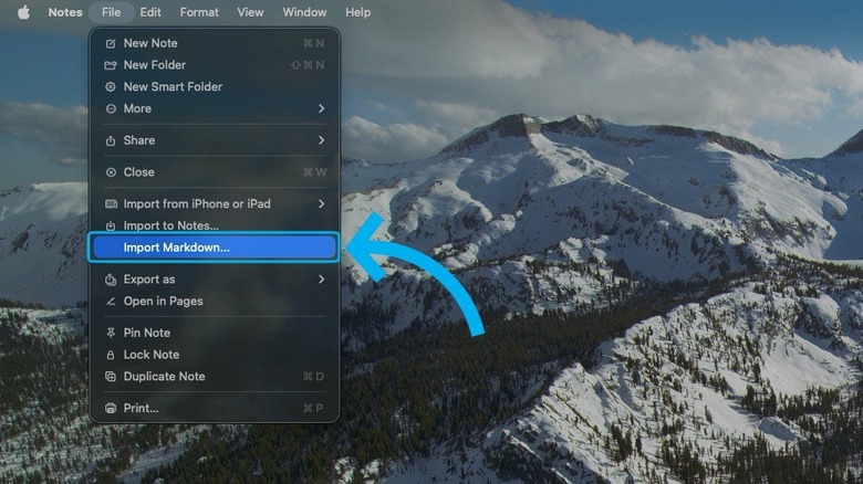 Importing Markdown to Apple Notes via the menu bar on macOS desktop