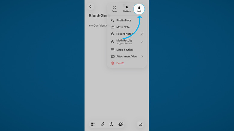 Locking a note in the Apple Notes app on iPhone, blue background