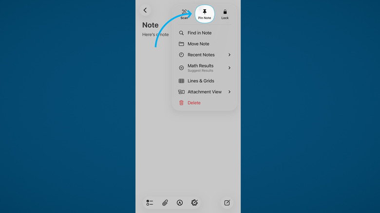 Pinning a note in Apple Notes on the iPhone, blue background