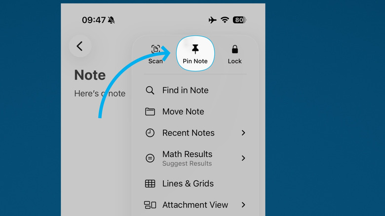Pinning a note in Apple Notes on the iPhone, blue background