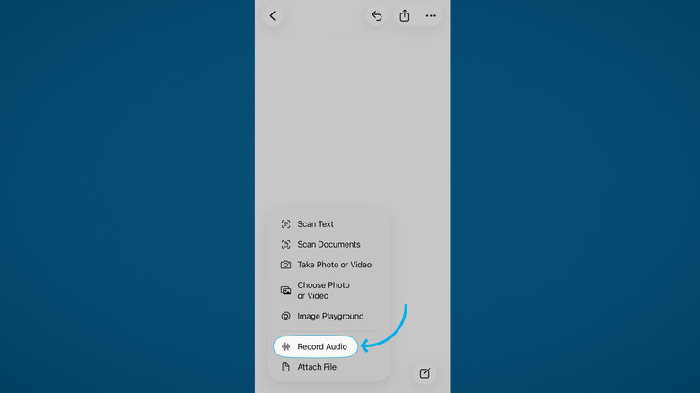 Apple Notes on iPhone option to add audio recording and transcription, blue background