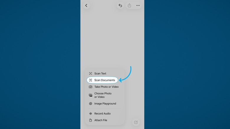 Using the Scan Documents option in Apple Notes on iPhone, blue background