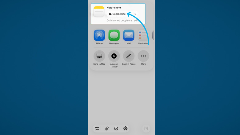 Creating a shared note in Apple Notes on iPhone, Blue background