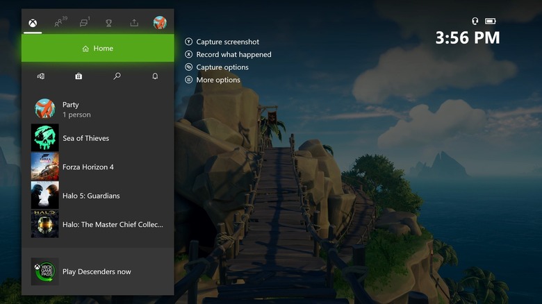An Xbox system menu overlay appears on the left side of a gameplay screen.