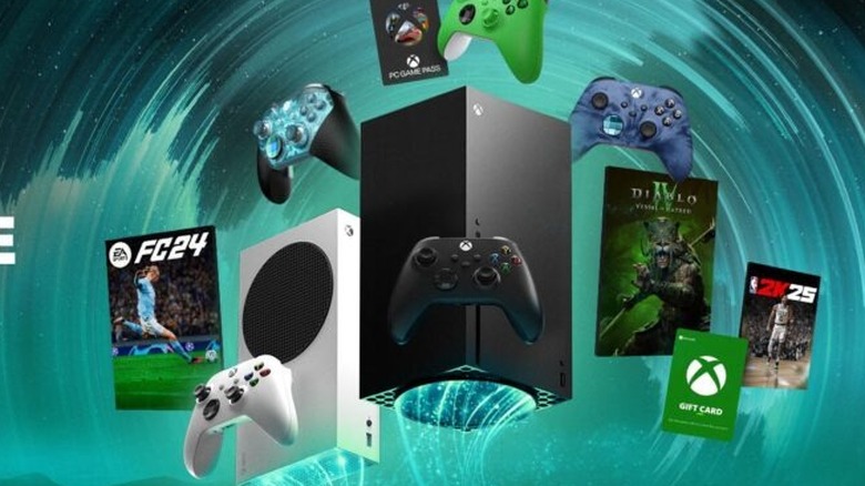 Swirling Xbox consoles, game covers, and gift cards.