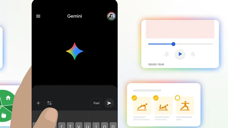 Hand holding a phone with Gemini surrounded by widgets for fitness, finance, and media.