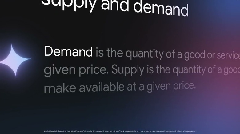 Screen displaying a definition of supply and demand with a sparkle icon on the left.