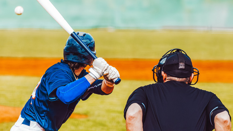 Baseball action, baseball player with bat waiting for ball with umpire, rear view.