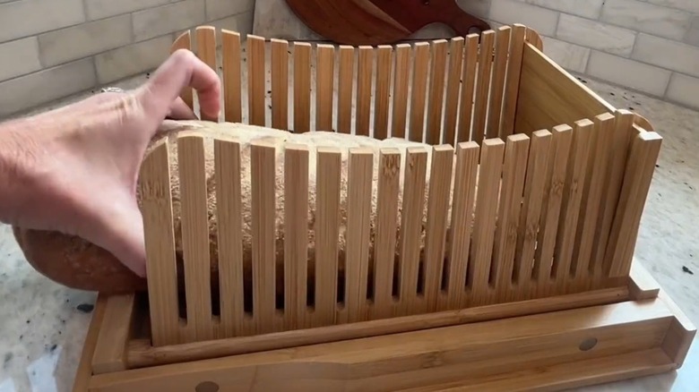 Bread loaf in bread slicer