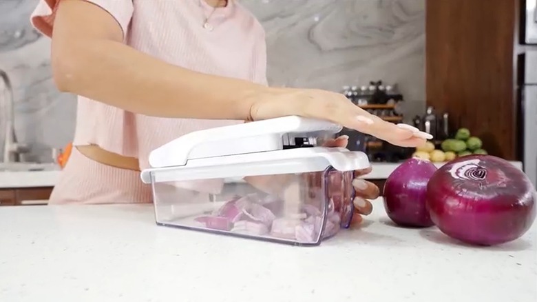 Vegetable chopper cutting an onion