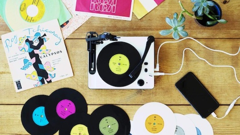 The Gakken Otona No Kagaku Toy Record Maker with several records surrounding it.