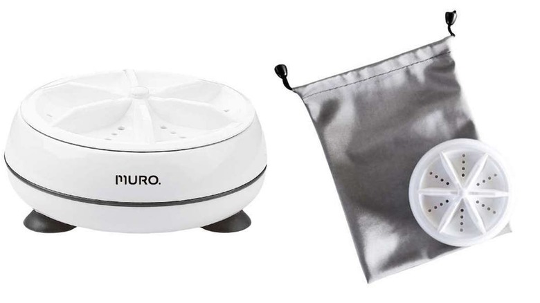 The Minimal Wash Muro Portable Washing Machine and its bag, showing its size
