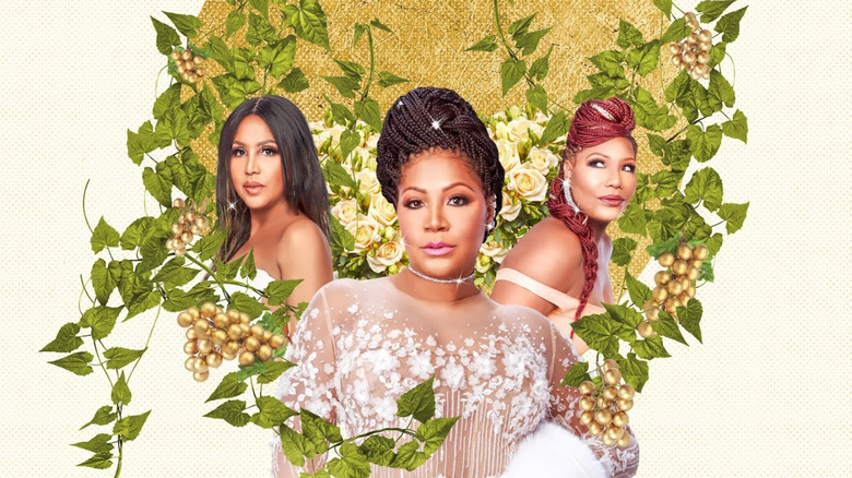 Three women on a flowery background, promo image for Braxton Family Values.