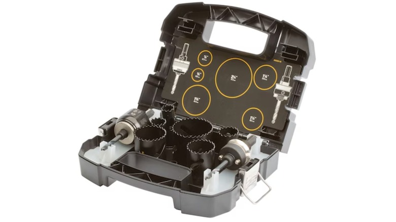 An open case of DeWalt hole saws and accessories on a white background