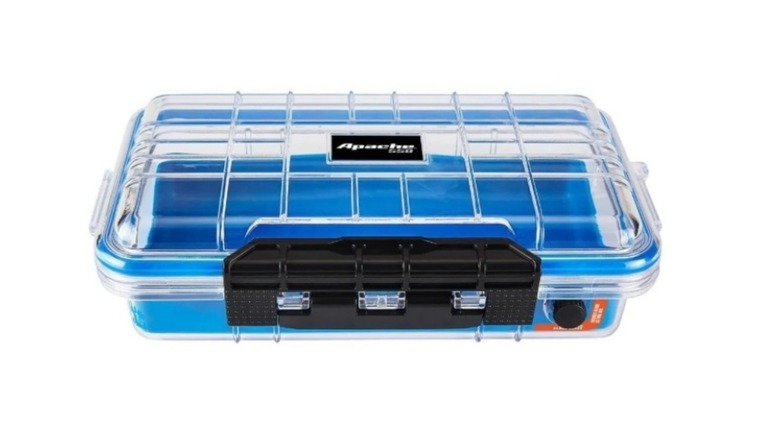 Blue and clear box-like case with a black latch