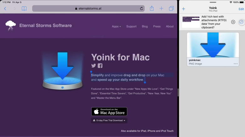 Yoink sidebar on an iPad