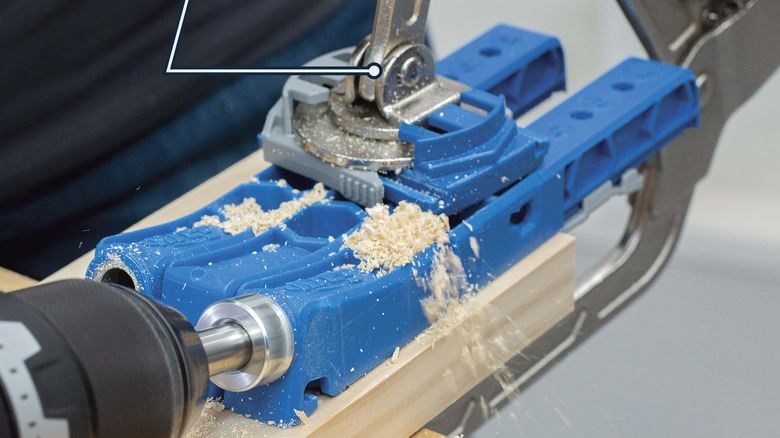 Pocket hole jig clamped to wood