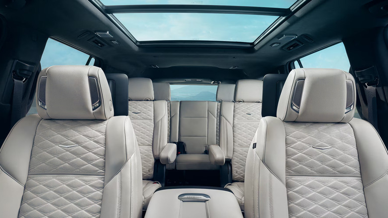 The interior of the 2026 Cadillac Escalade as seen from the front row looking back