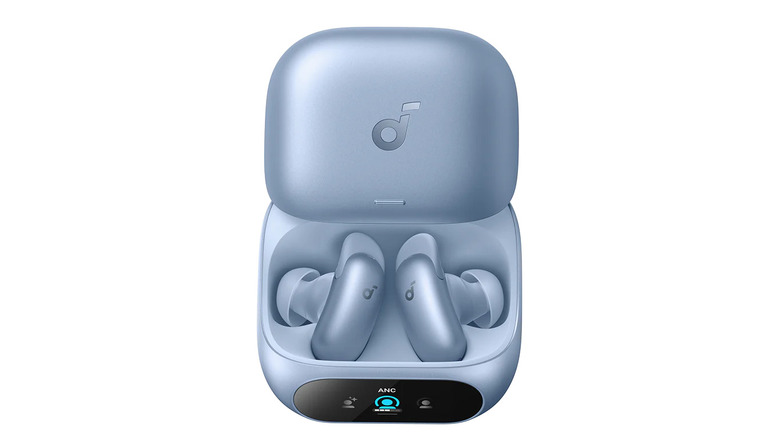 Soundcore earbuds on white background