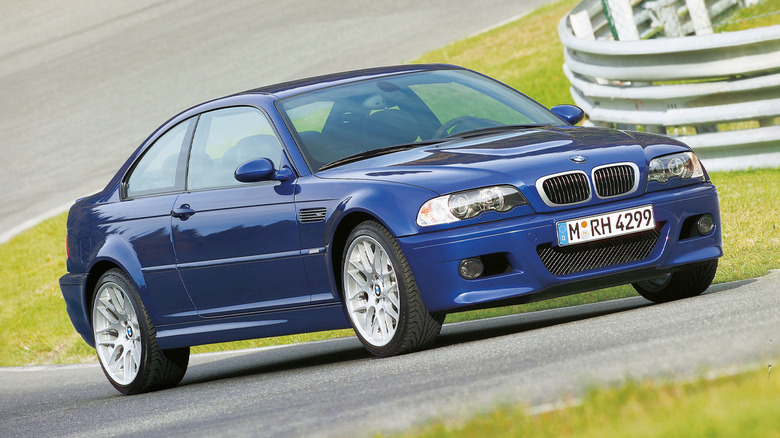 A blue BMW E46 M3 Coupe on track