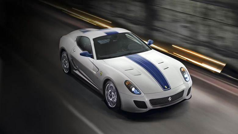 A white and blue Ferrari 599 GTO