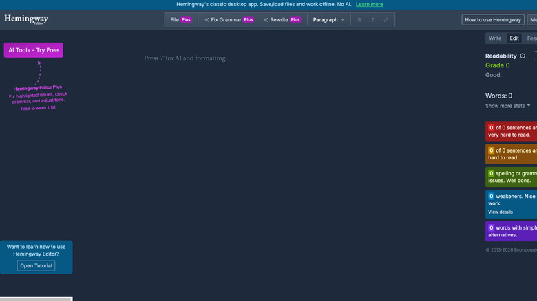 Hemingway Editor web page on PC