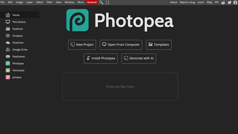 Photopea Welcome Page with options for documents and file types
