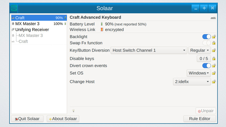 Solaar window on Linux with peripherals options