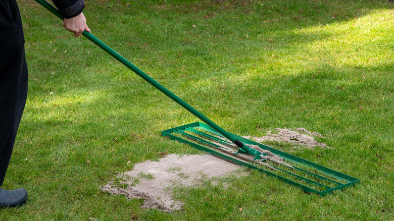 Person using a long-handled green device on the ground