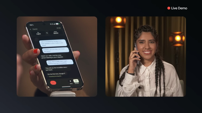 A live demo of the voice translation feature on a Google Pixel.