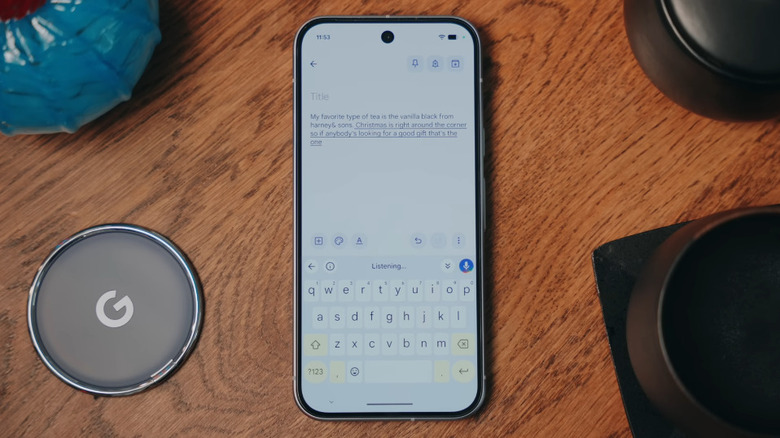 Google Pixel phone on a table using the dictation feature.