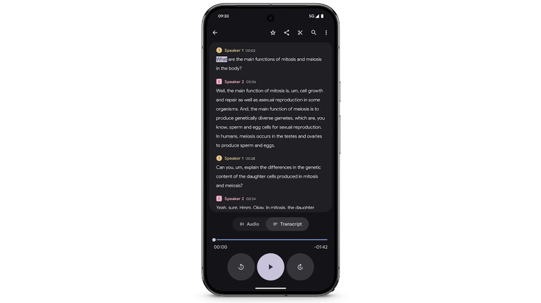 A Google Pixel phone transcribing a meeting with different speaker labels.