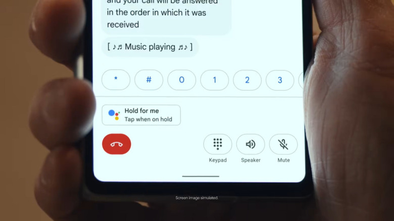 Hold For Me feature appearing during a call on Pixel phone.