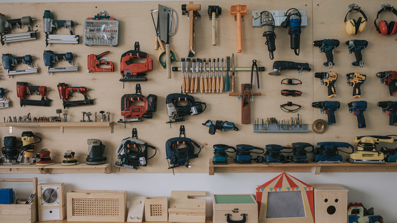 Wall of tools in workshop