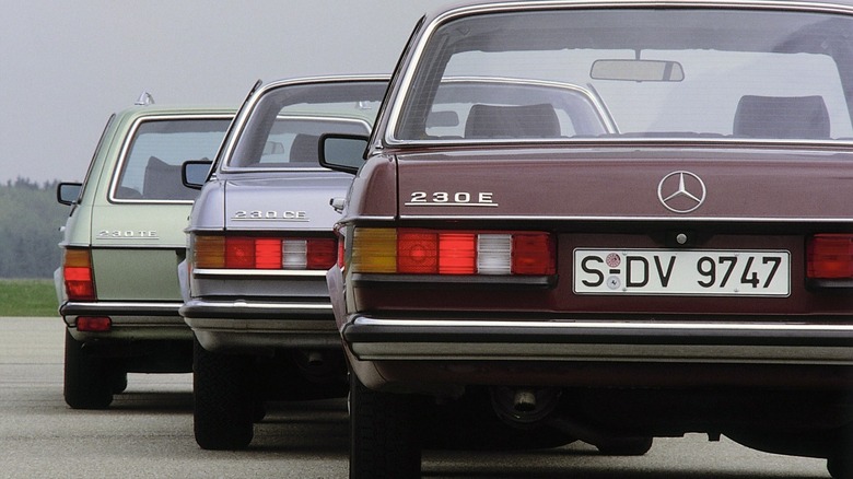 Mercedes-Benz W123 Generation 230 E and 230 C sedans, and 230 TE wagon pictured from behind