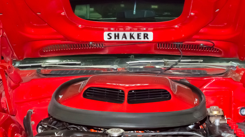 HEMI Cuda Shaker hood scoop with hood raised