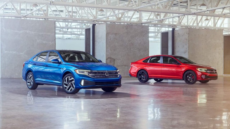 Blue and red 2022 Volkswagen Jettas