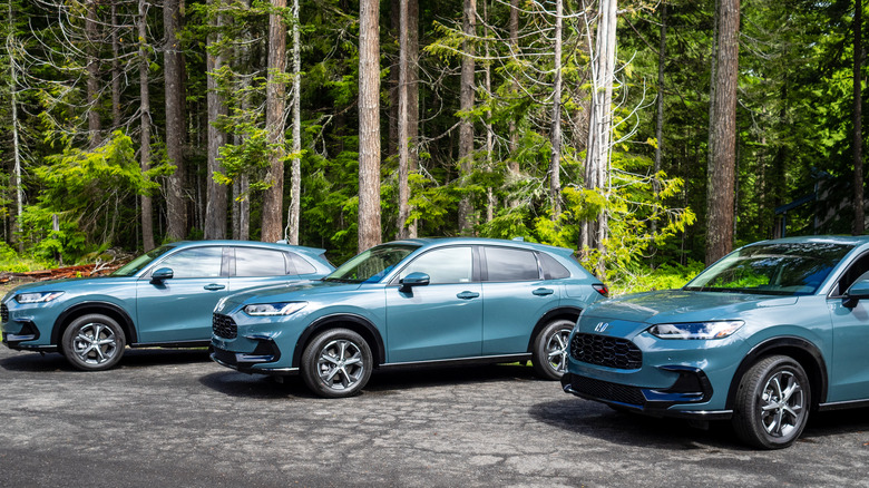 Row of 2023 Honda HR-Vs parked along a row of trees