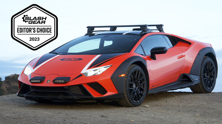 Lamborghini Huracan Sterrato front three-quarters on a dirt road