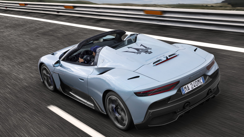 2023 Maserati MC20 Spyder rear three quarter view.